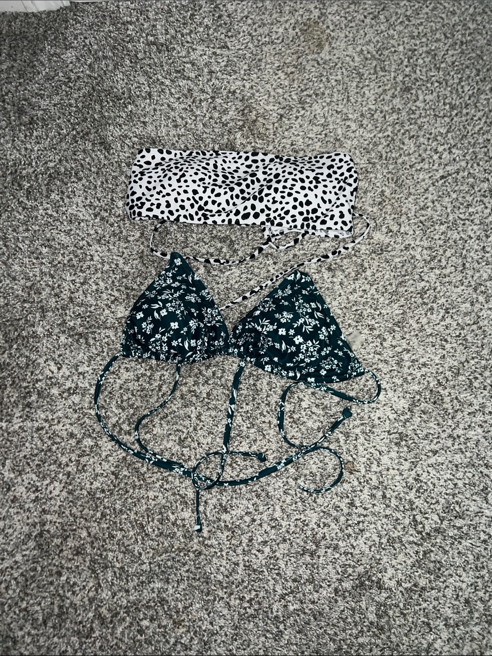 SHEIN Dark Green Floral Triangle Bikini Top with Black & White Bandeau